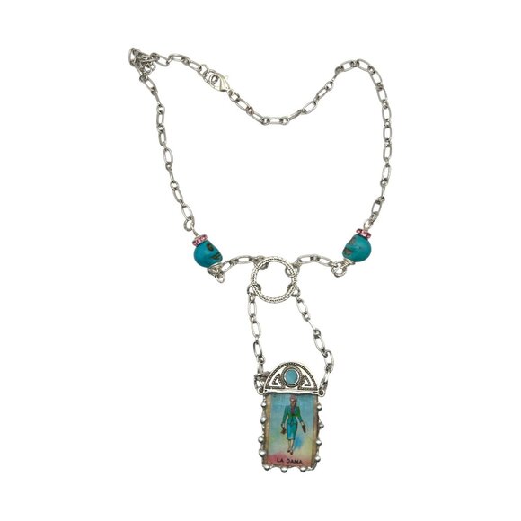 Silver & Glass Handcrafted Necklace La Dama Artisan Metalwork & Turquoise Skulls - Picture 6 of 14